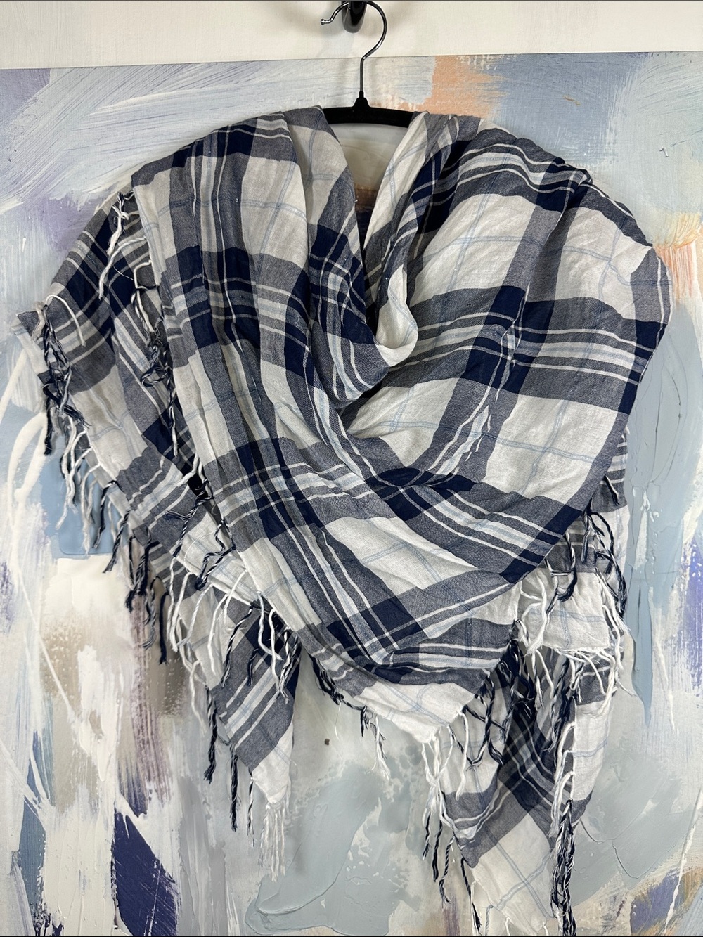 Abercrombie & Fitch Plaid Fringe Scarf Navy Gray White Oversized Cotton Y2K